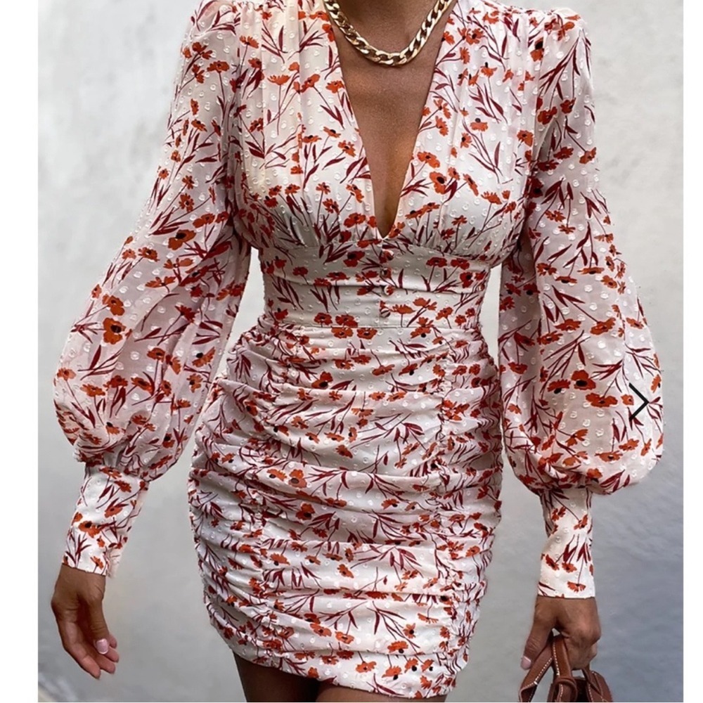 RUNAWAY Karolyn Dress Orange Floral Ruched V Neck Puff Sleeve‎ Mini XS new sexy
